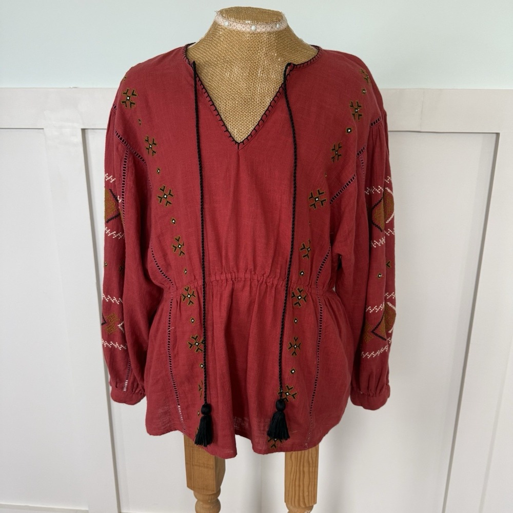 Zara TRF Embroidered Top XS Rust Red 100% Cotton Tassels Boho Tribal Puff Sleeve